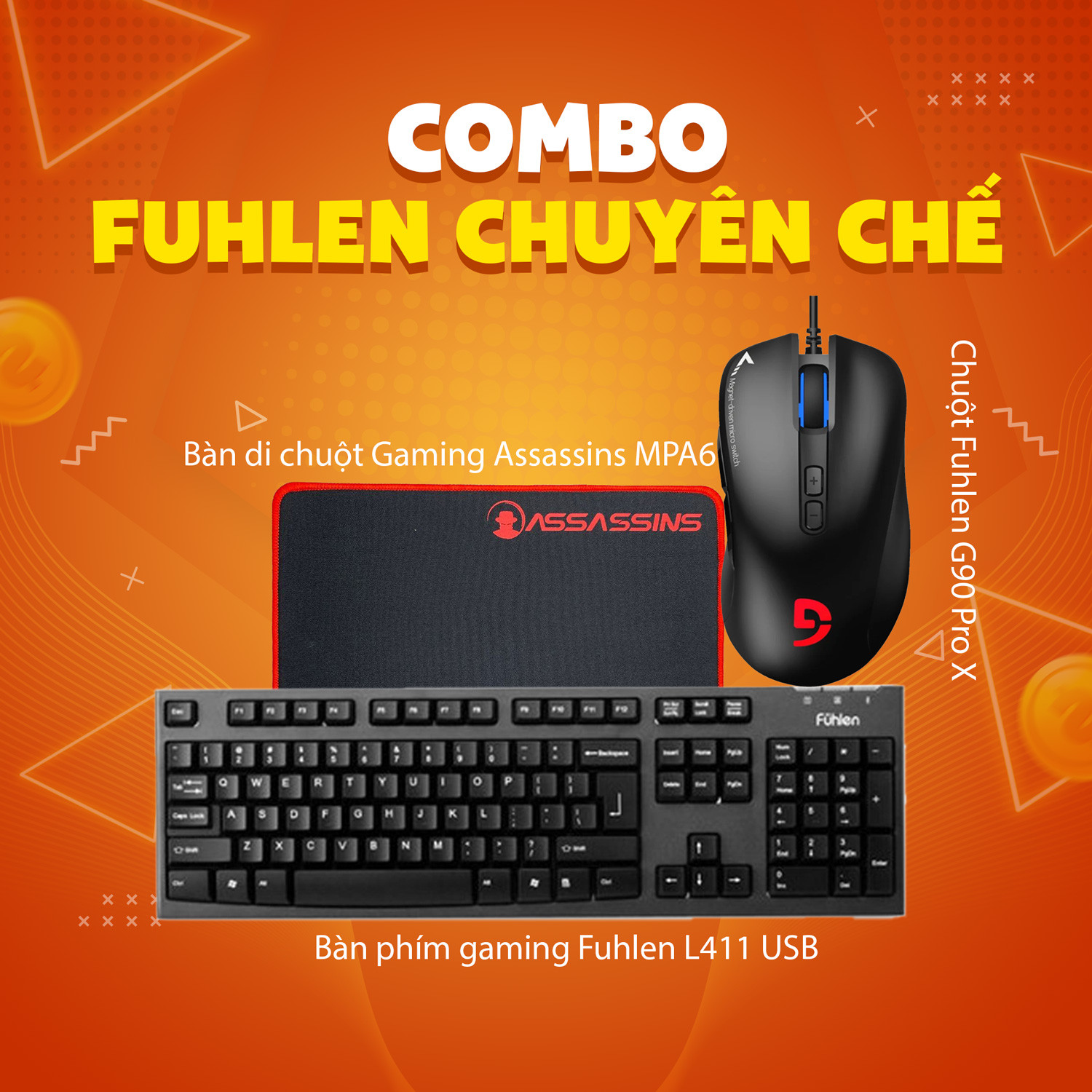 Combo fuhlen chuyên chế (Chuột gaming fuhlen G90-Pro-x+Bàn phím fuhlen L411+ Bàn di chuột Gaming Assassins MPA6 25cm x 30cm dày 3mm)
