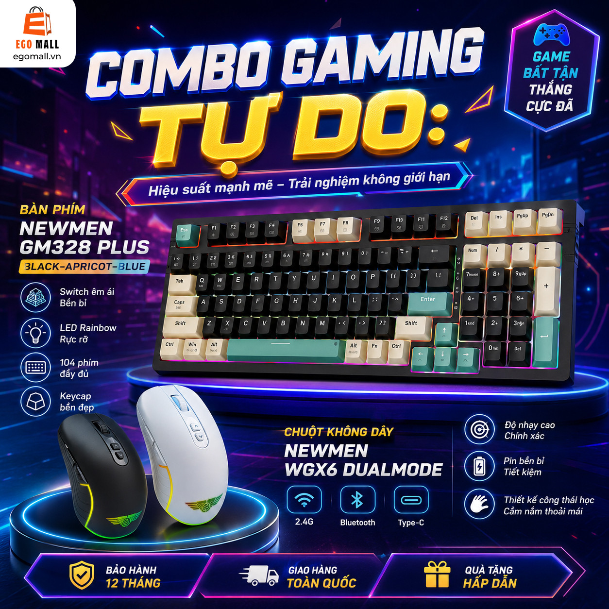 COMBO GAMING TỰ DO (Bàn phím Newmen GM328 Plus, Black-Apricot-Blue + Chuột không dây Newmen WGX6 Dualmode)