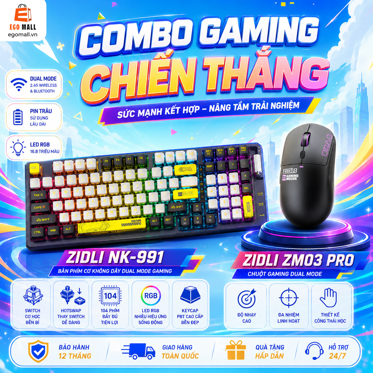 COMBO GAMING CHIẾN THẮNG (Chuột gaming Zidli ZM03 PRO + Bàn phím cơ không dây Dual Mode Gaming Zidli NK-991)