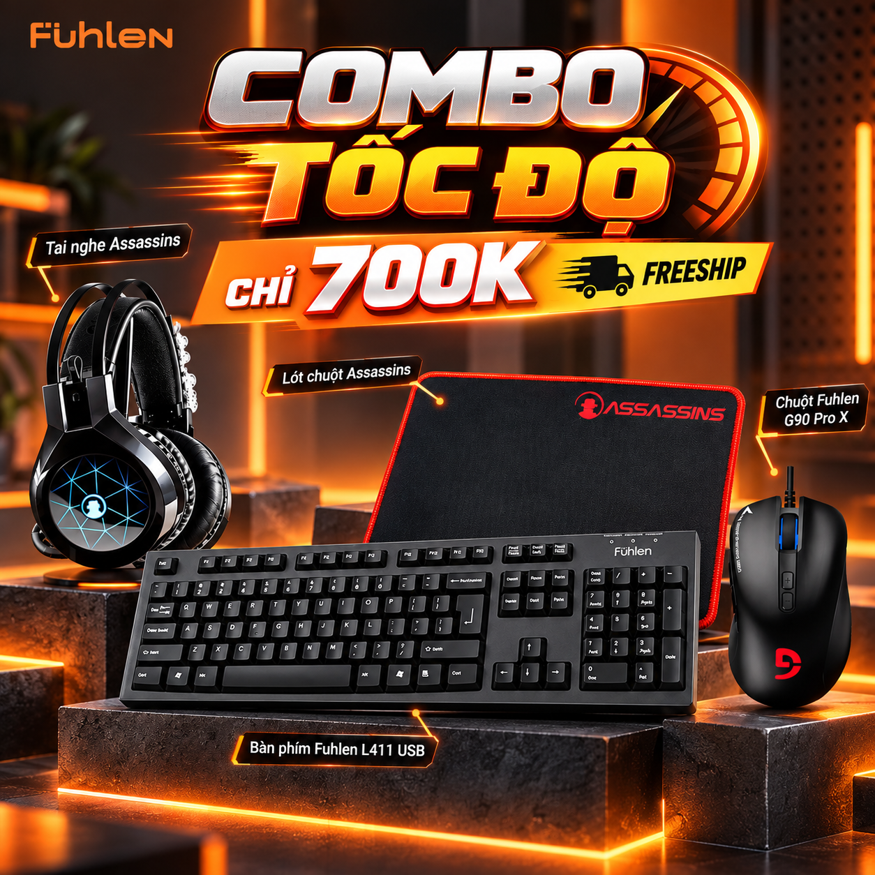 Combo tốc độ (bàn phím Fuhlen L411 USB, chuột Fuhlen G90 Pro X, tai nghe Assassins và lót chuột Assassins MPA6.)