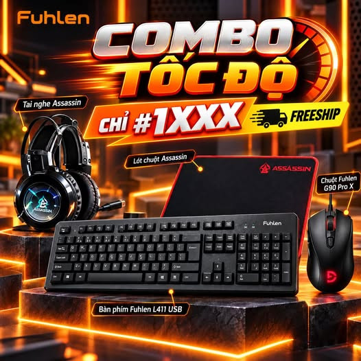 Combo tốc độ (bàn phím Fuhlen L411 USB, chuột Fuhlen G90 Pro X, tai nghe Assassins và lót chuột Assassins MPA6.)