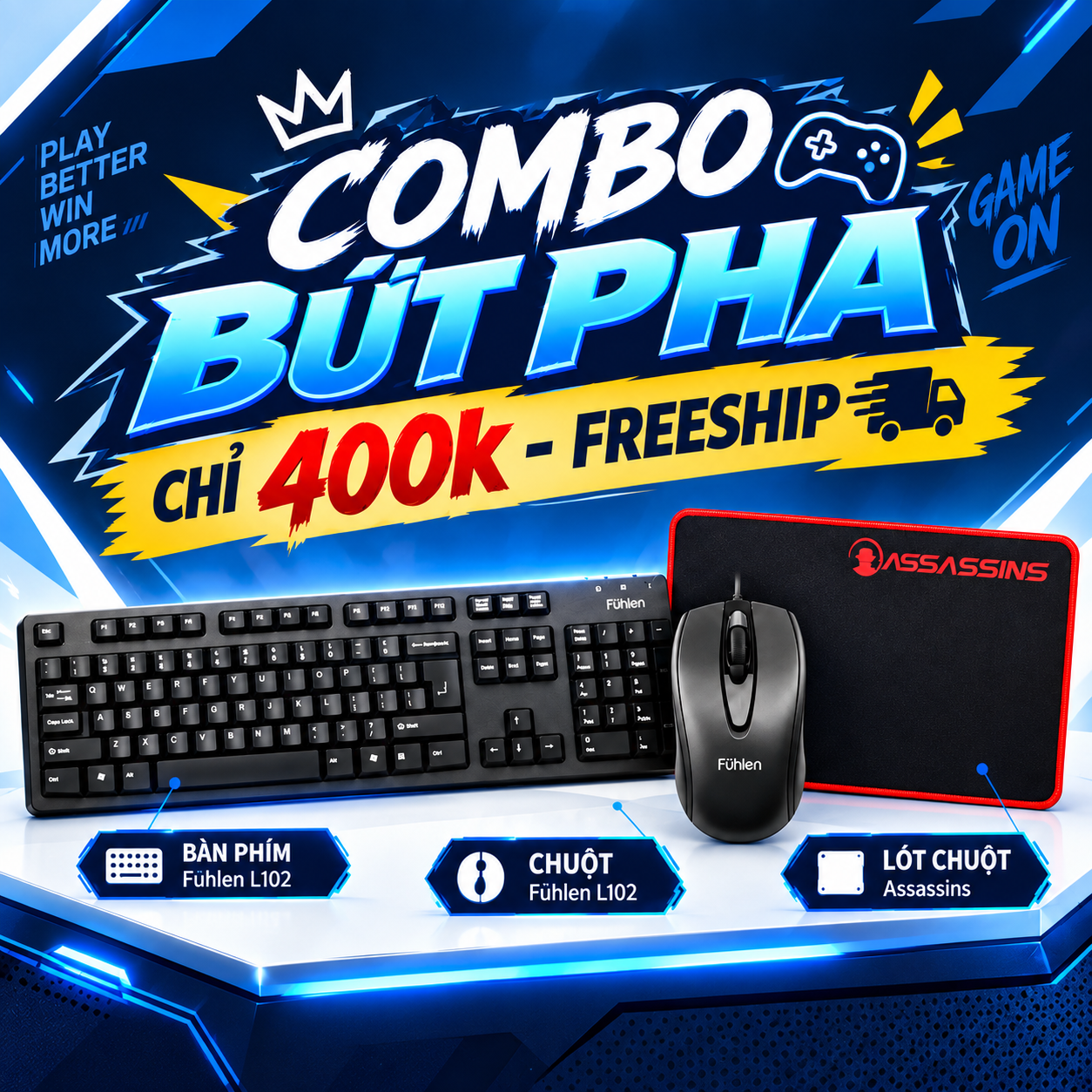 Combo bứt phá (Bàn phím Fuhlen L102 + Chuột Fuhlen L102 + Lót chuột Assassins)